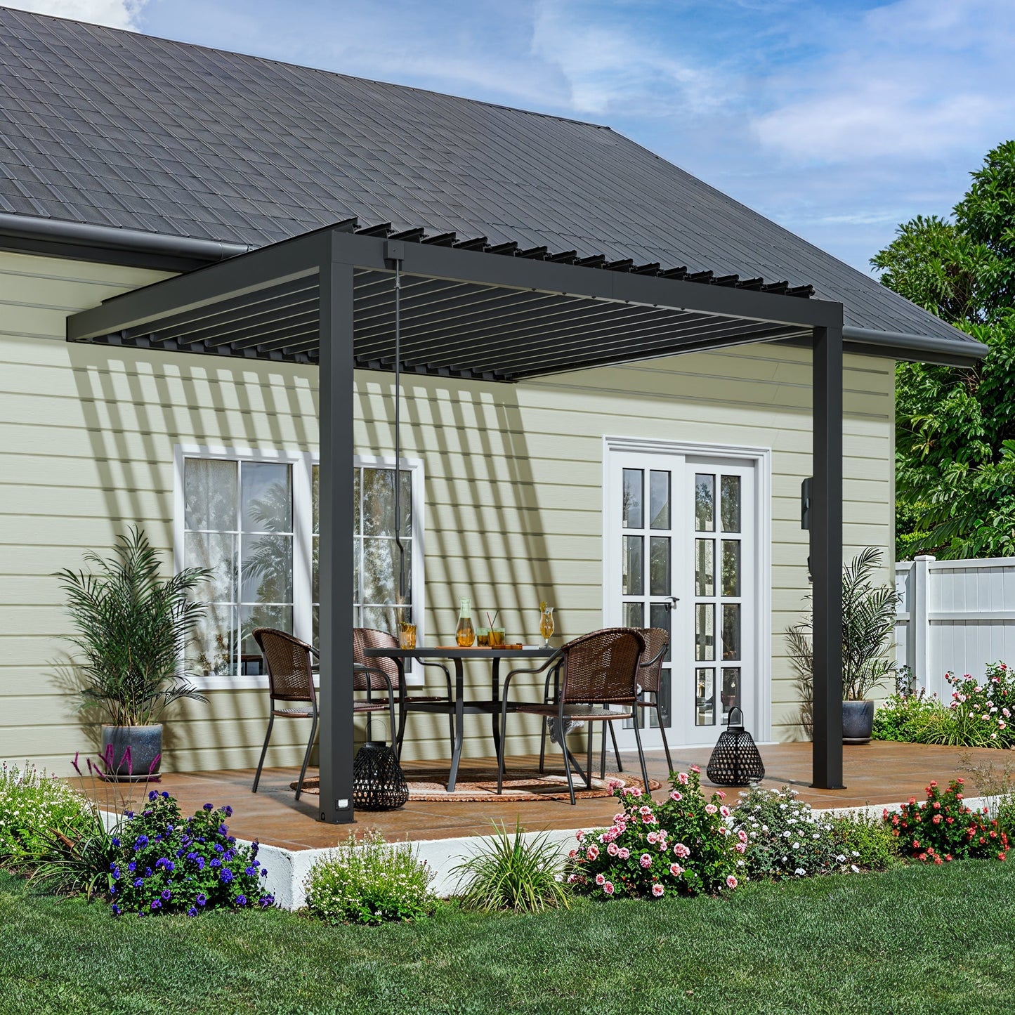 Premium 10x10 Evanston Wall Mounted Louvered Pergola