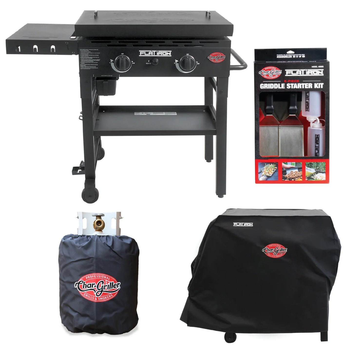 Premium 2-Burner Flat Iron® Gas Griddle, Covers, and Starter Kit Bundle