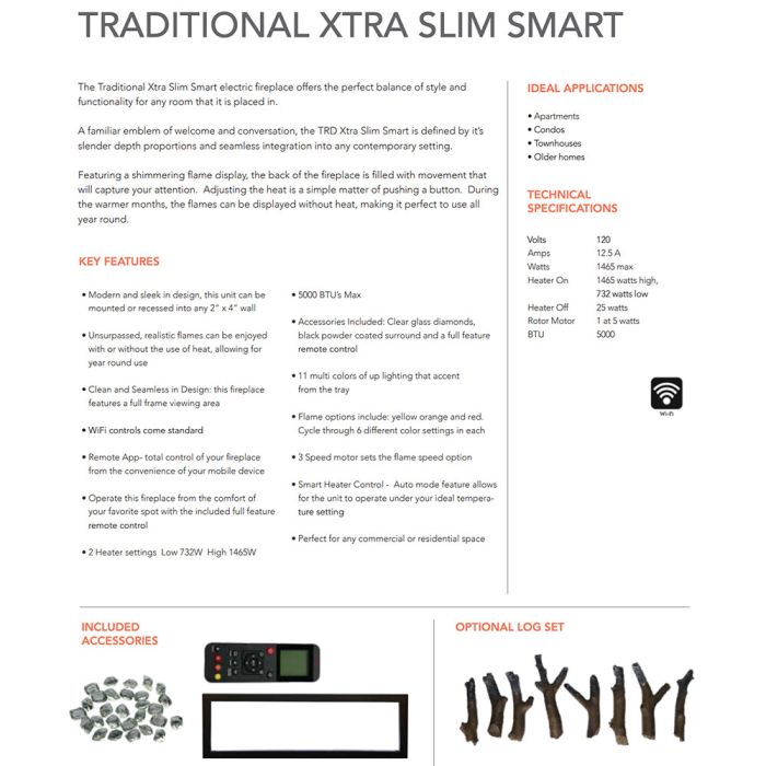 Premium Amantii Traditional Xtraslim Smart Electric Fireplace with Clear Glass Media