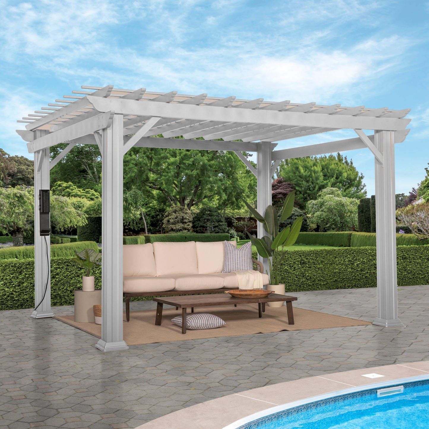 Premium 12x10 Hawthorne Traditional Steel Pergola With Sail Shade Soft Canopy