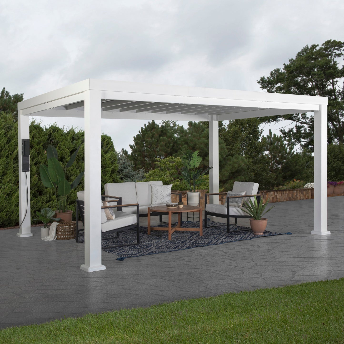 Premium 14x10 Windham Modern Steel Pergola With Sail Shade Soft Canopy