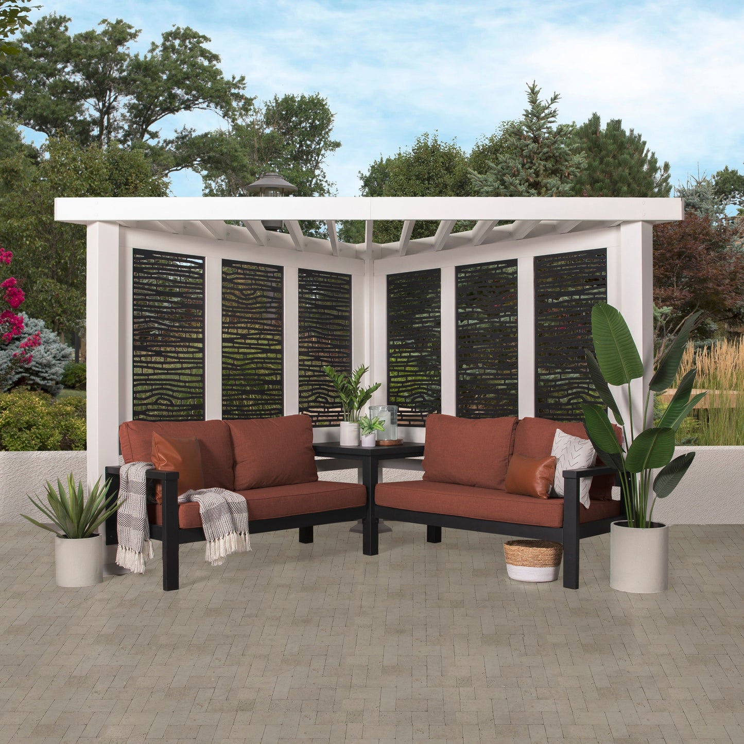 Premium Ridgedale Modern Steel Corner Pergola with Conversational Seating