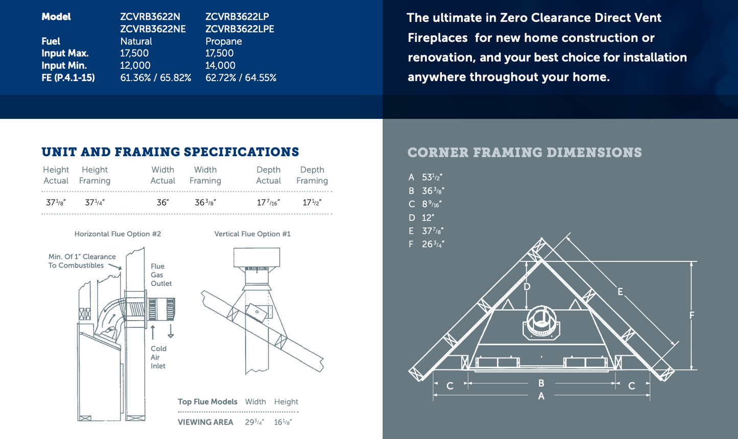 Premium Kingsman 36" Zero Clearance Clean View Direct Vent Linear Gas Fireplace - ZCVRB3622
