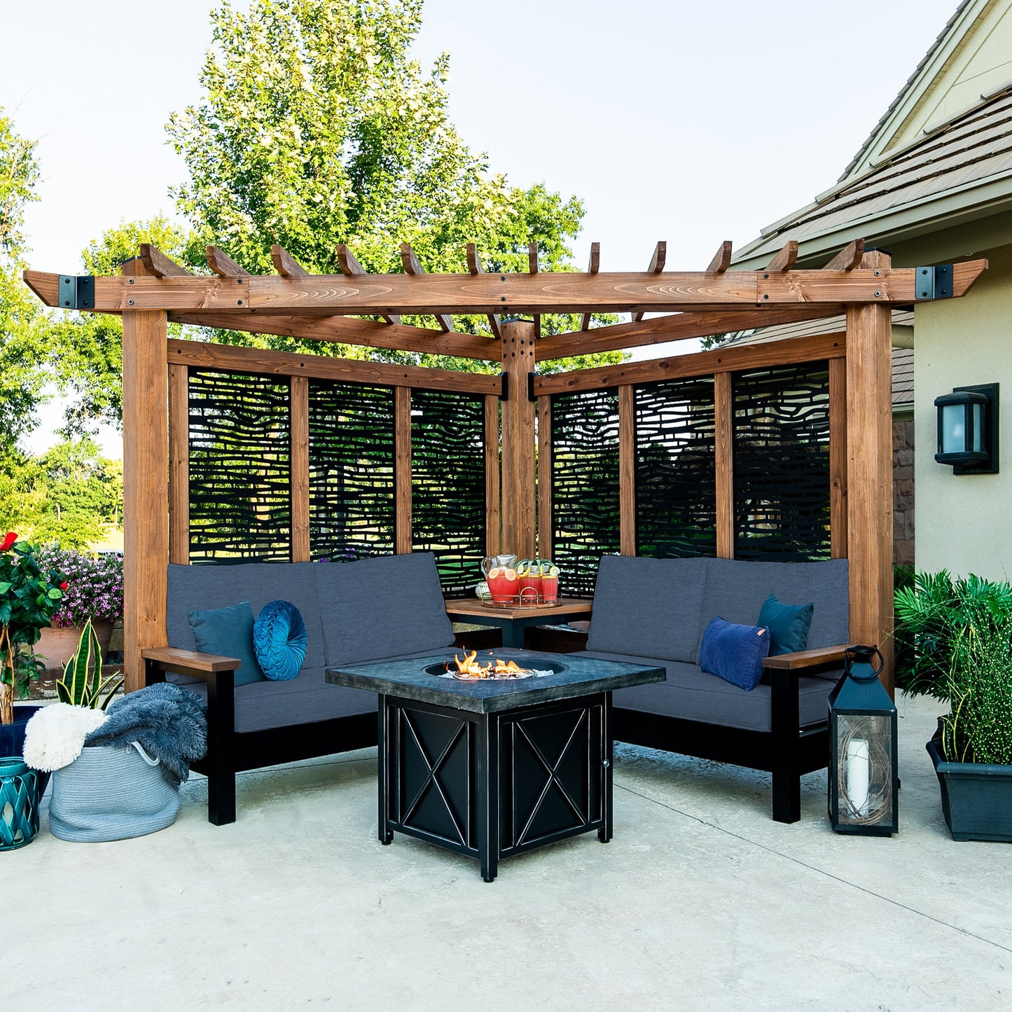 Premium Tuscany Corner Pergola with Conversation Seating - Bamboo Panels