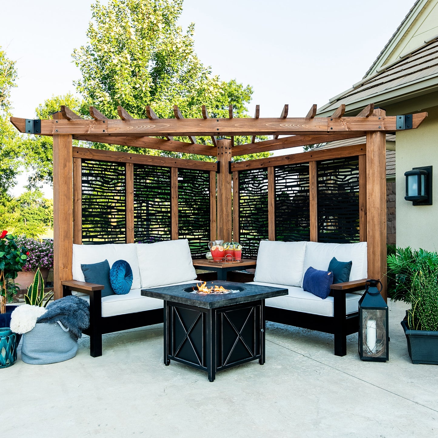 Premium Tuscany Corner Pergola with Conversation Seating - Bamboo Panels