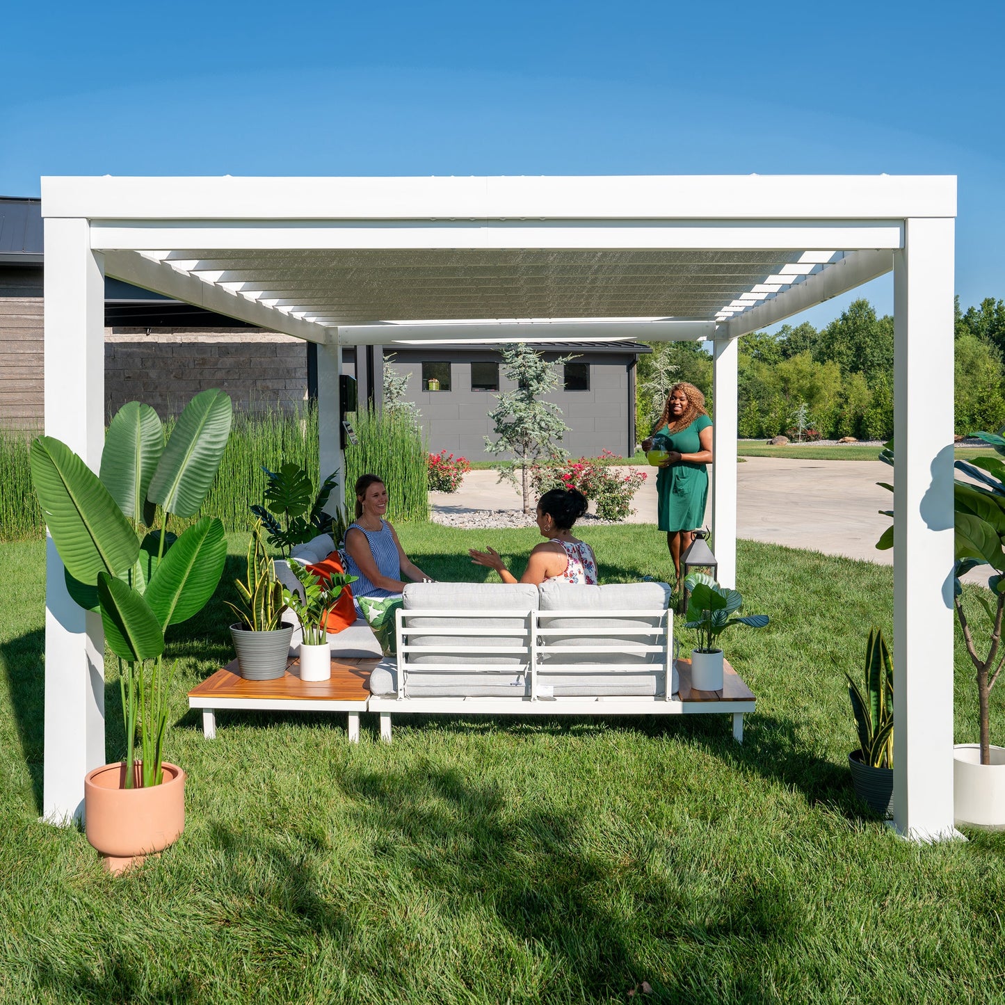 Premium 14x10 Windham Modern Steel Pergola With Sail Shade Soft Canopy