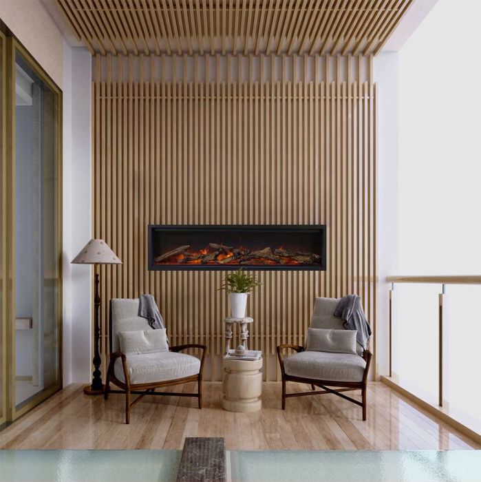 Premium Amantii Symmetry Lumina Electric Fireplace with Real Glass and Oak Log Media Kit