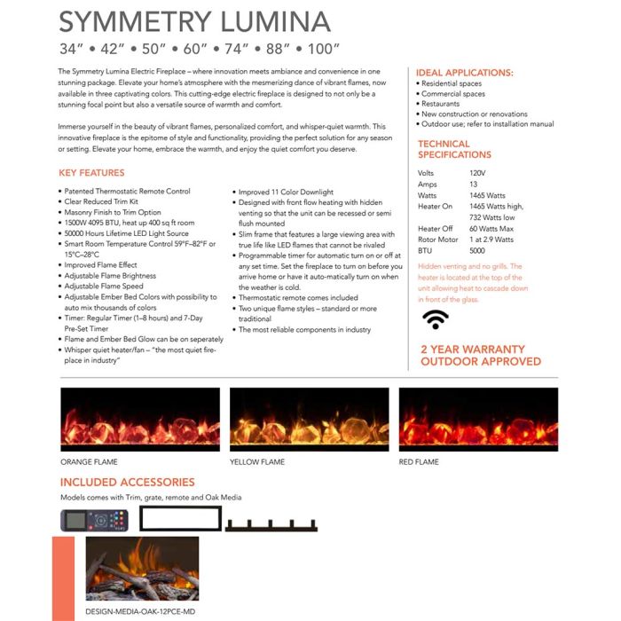 Premium Amantii Symmetry Lumina Electric Fireplace with Real Glass and Oak Log Media Kit