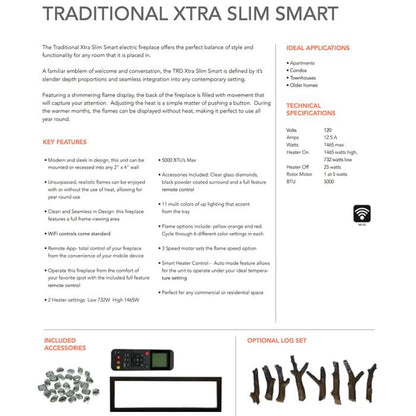 Premium Amantii Traditional Xtraslim Smart Electric Fireplace with Clear Glass Media