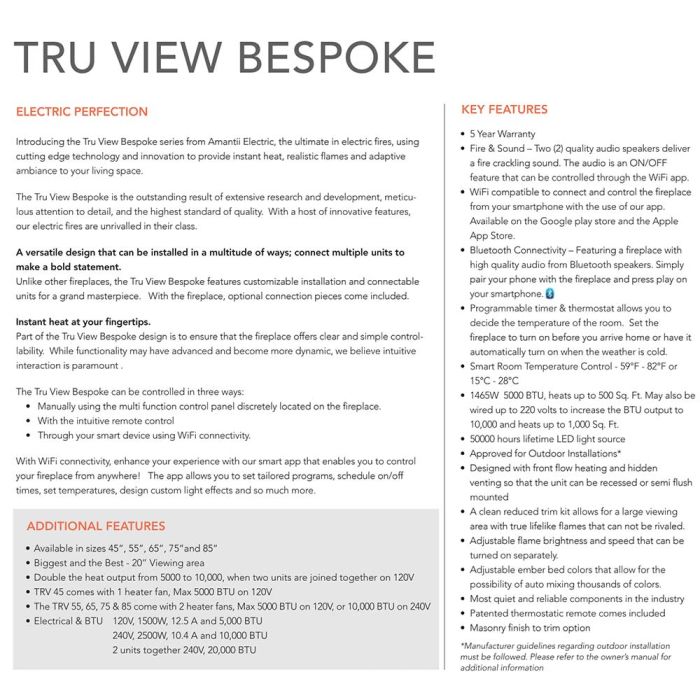 Premium Amantii Tru View Extra Tall Smart Electric 3 Sided Fireplace